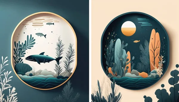 Two paintings of a fish and plants in a circular frame on a wall and a circular picture of a fish in a seaweed colorful flat surreal design a storybook illustration environmental art