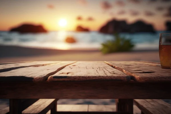 A glass of beer sitting on top of a wooden table next to the ocean at sunset rendered in unreal 5 a 3d render photorealism
