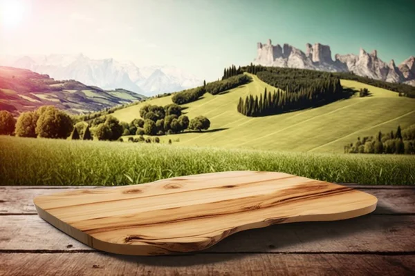 A wooden board sitting on top of a wooden table in front of a scenic landscape cinematic matte painting a matte painting environmental art