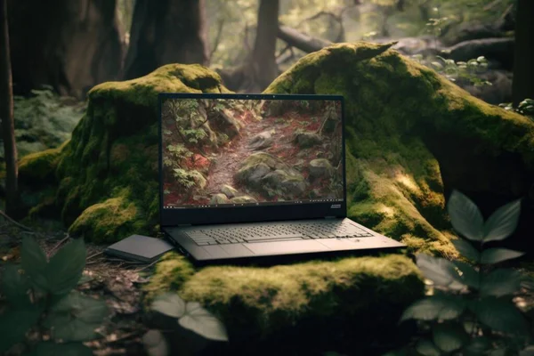 A laptop computer sitting on a mossy rock in the woods with a forest background forest background a computer rendering purism