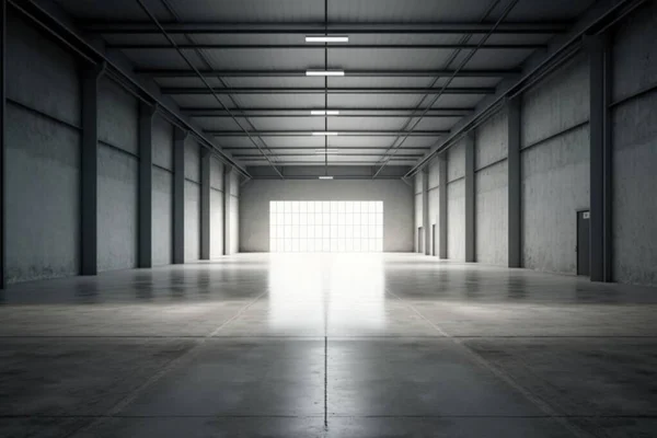 A large empty warehouse with a bright light coming through the window and a door leading to another room minimalist a stock photo postminimalism