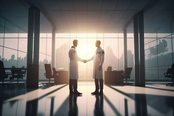 Two men in lab coats shaking hands in a room with large windows and chairs on either side of them stock photo a stock photo neoplasticism