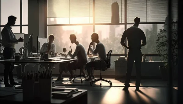 A group of people sitting around a table in an office setting with a window overlooking the city dim volumetric lighting computer graphics photorealism