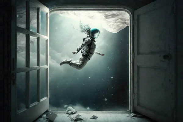 A woman floating in the air from a window into a room with a sky background surreal photography a surrealist painting space art