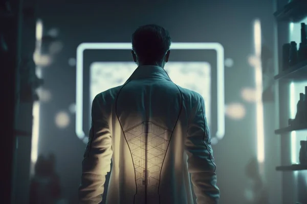 A man in a white suit is standing in a room with shelves and shelves of bottles biopunk cyberpunk art retrofuturism