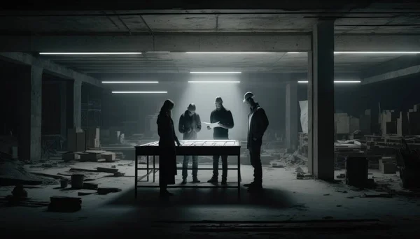 A group of people standing around a table in a room with a lot of debris vfx a screenshot brutalism