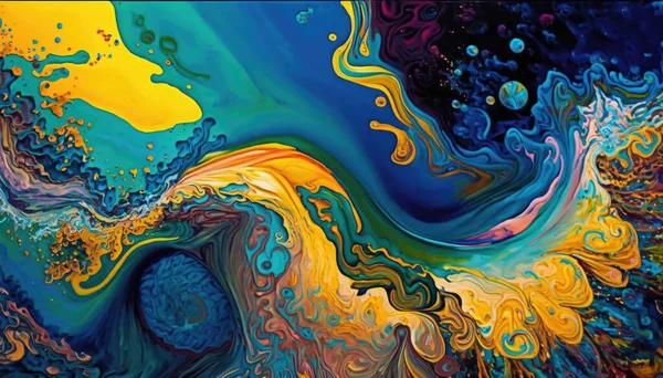 A painting of a blue and yellow wave with bubbles and bubbles on it\'s surface fractals an ultrafine detailed painting psychedelic art