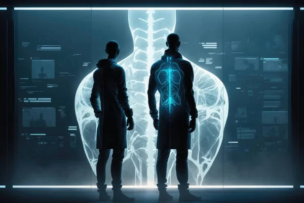 Two men standing in front of a large glowing human body in a futuristic environment biopunk cyberpunk art neo-figurative