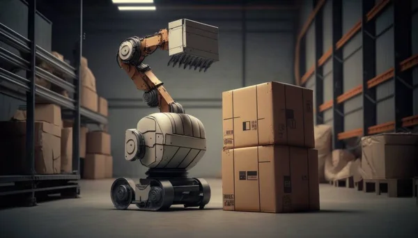A robot is moving around a warehouse with boxes on the floor and a fork on the back of it animation an ambient occlusion render les automatistes