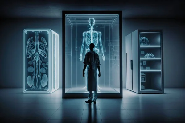 A man standing in front of a refrigerator with a skeleton in it\'s display anatomical a hologram neoplasticism