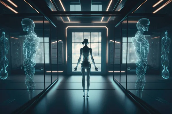 A woman walking through a futuristic hallway with neon lights and a skeleton figure in the foreground biopunk cyberpunk art futurism