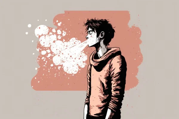 A man with a hoodie blowing a cigarette in front of a red background with white spots comic cover art a character portrait context art