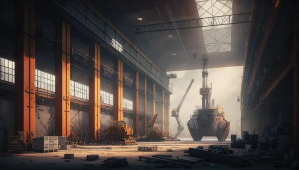 A large ship in a large warehouse with a crane in the background and a crane in the foreground cinematic matte painting a detailed matte painting photorealism