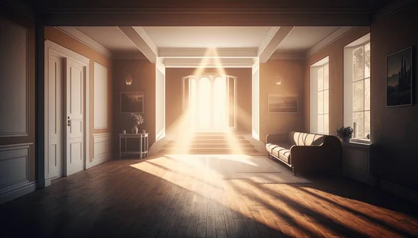 A room with a couch and a door with a light coming in from it and a window dim volumetric lighting a raytraced image light and space