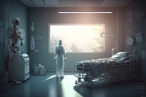A person in a hospital room with a bed and a monitor on the wall and a window cinematic matte painting a detailed matte painting neoplasticism