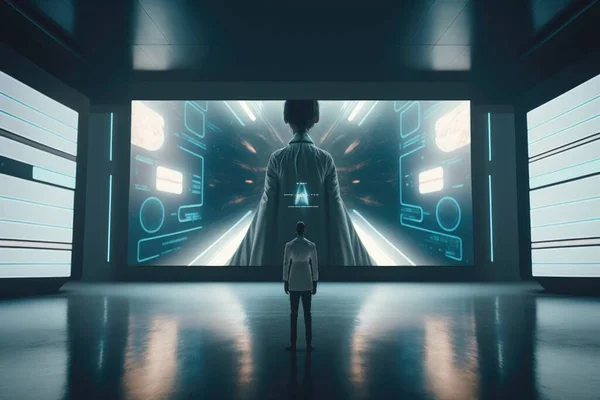 A man standing in front of a large screen in a room with neon lights and a man in a white shirt anamorphic a hologram retrofuturism
