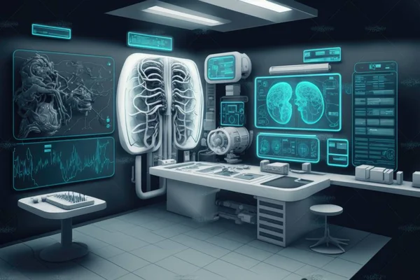 A futuristic medical room with medical equipment and medical diagrams on the wall and a table biopunk computer graphics computer art