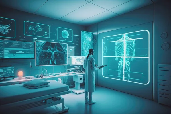 A woman in a white lab coat standing in front of a medical room with medical equipment biopunk a hologram neoplasticism
