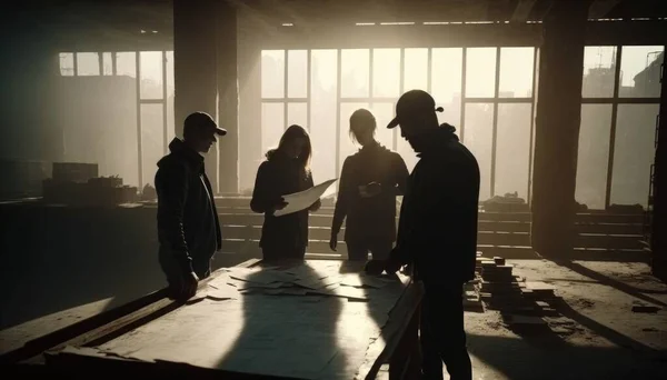 A group of people standing around a table in a room with windows and a sheet of paper anamorphic lens flare a flemish baroque bauhaus