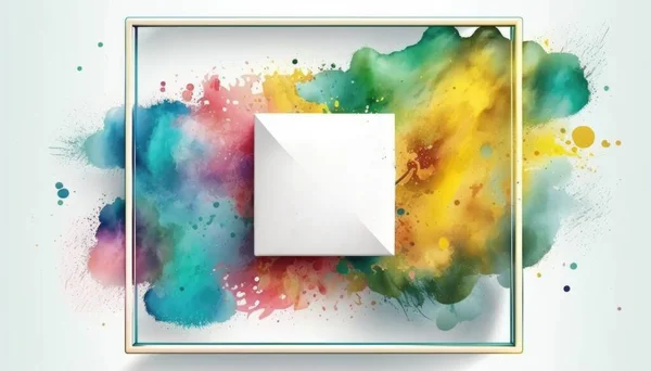 A white square with a gold frame on a colorful background with watercolor spots and a white square with a gold frame professional digital painting a minimalist painting suprematism