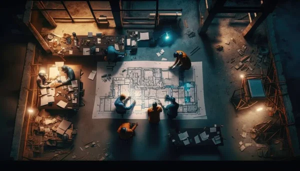 A group of people standing around a table with a blueprint on it in a room vfx a computer rendering bengal school of art
