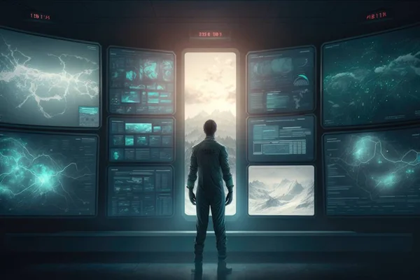 A man standing in front of a wall of monitors with lightnings on them in a dark room cinematic matte painting a detailed matte painting computer art