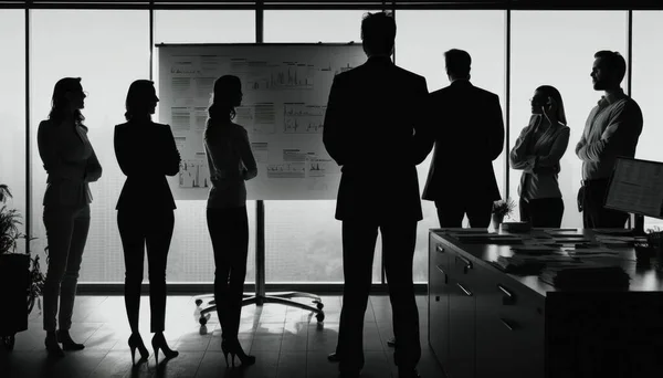A group of people standing in front of a poster in an office setting with a window stock photo a stock photo institutional critique