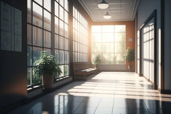 A room with a bench and a window with a view of the outside of the room rendered in unreal 5 a raytraced image photorealism