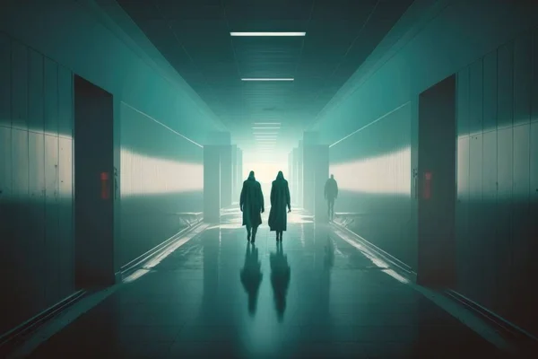 Two people walking down a hallway in a building with green light coming from the ceiling dim volumetric lighting a screenshot neo-figurative
