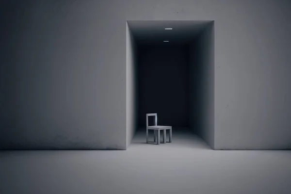 A chair sitting in a room with a light coming through the door and a chair in the middle unreal 5 an ambient occlusion render minimalism
