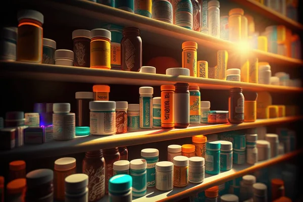 A shelf filled with lots of different colored bottles on it\'s sides and a light shining through the top vray caustics a 3d render neoplasticism