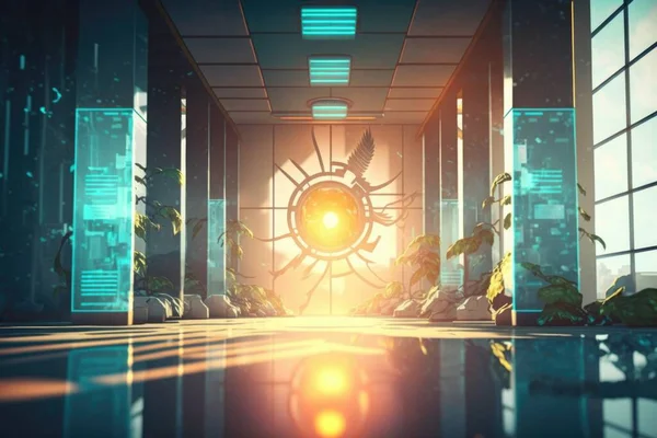 A hallway with a bright light coming from the center of it and plants growing in the middle solarpunk cyberpunk art computer art