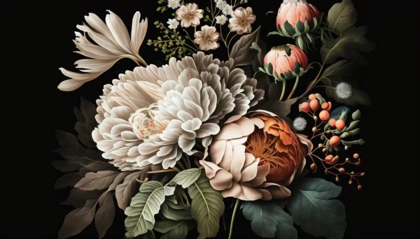 A painting of flowers and leaves on a black background with a black background and a black background highly detailed digital painting a flemish baroque generative art