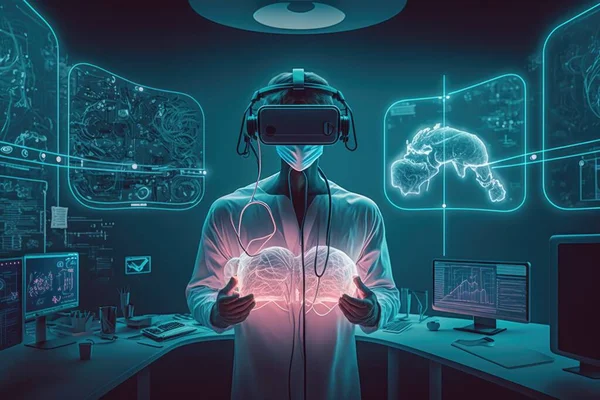 A man in a lab coat holding a brain scan in his hands and a virtual headset on his head biopunk cyberpunk art futurism