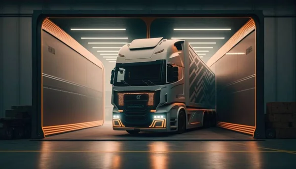 A semi truck is parked in a tunnel with its lights on and a large trailer is parked in the doorway redshift render a 3d render futurism