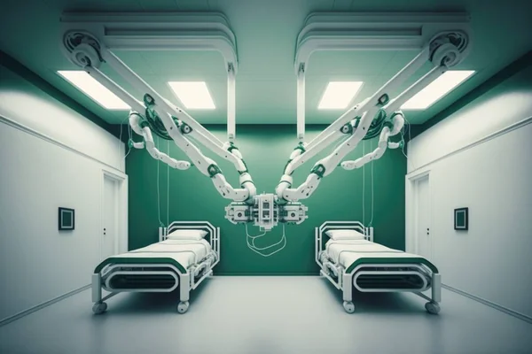 A hospital room with two beds and lights on the ceiling and a green wall behind them cybernetics an ambient occlusion render neoplasticism