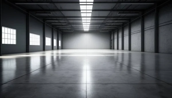 A large empty warehouse with a bright light coming from the ceiling and windows on the side unreal 5 a stock photo postminimalism
