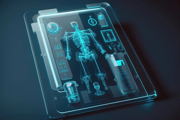 A medical device with a skeleton and medical equipment inside of it on a dark background cybernetics a hologram holography