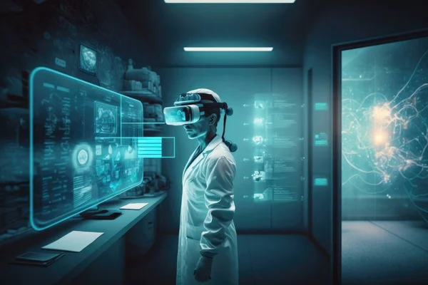 A woman in a lab coat and helmet looking at a display of data on a wall cybernetics a hologram futurism