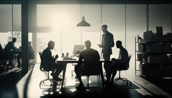 A group of people sitting around a table in a room with a window and a lamp dim volumetric lighting a stock photo neoism