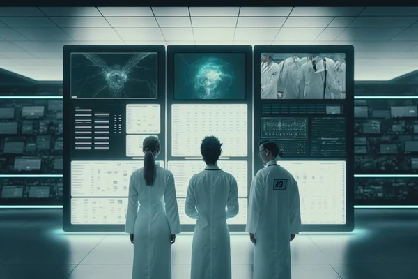 Three people in white lab coats standing in front of a large display of medical images biopunk a detailed matte painting neo-figurative