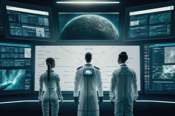 Three people in white suits standing in front of a display of screens and screens of planets promotional image concept art space art