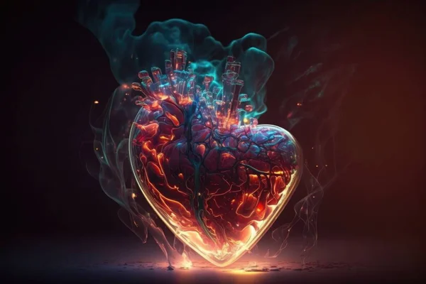 A heart with a lot of smoke coming out of it and buildings in the background highly detailed digital art cyberpunk art analytical art