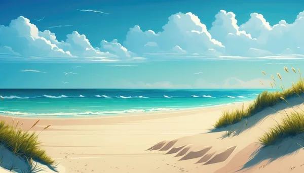 A painting of a beach with grass and the ocean in the background with clouds in the sky beach a matte painting plein air