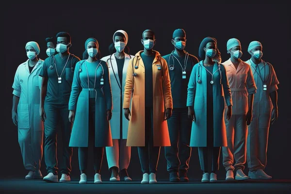 A group of people wearing surgical masks and coats in a line all in different colors editorial illustration a poster neoplasticism