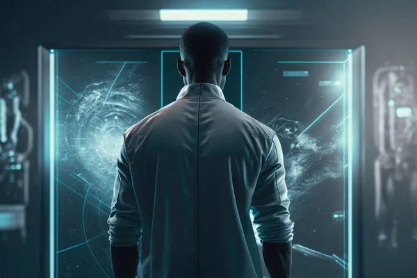 A man standing in front of a futuristic door with a futuristic background and a glowing light promotional image a hologram holography