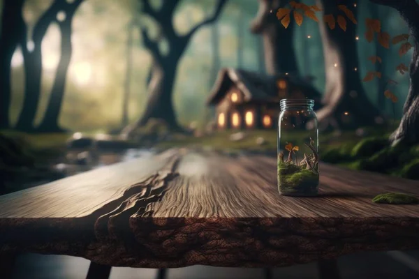A jar with moss on a table in a forest with a house in the background rendered in unreal 5 a detailed matte painting magic realism