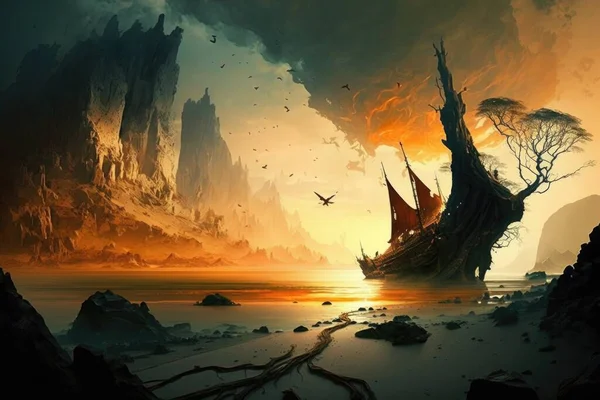 A painting of a ship in a rocky landscape with a bird flying over it and a bird flying over it matte fantasy painting a detailed matte painting fantasy art