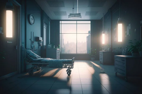 A hospital room with a bed and a clock on the wall and a window with a view of the city photorealistic lighting an ambient occlusion render neoplasticism