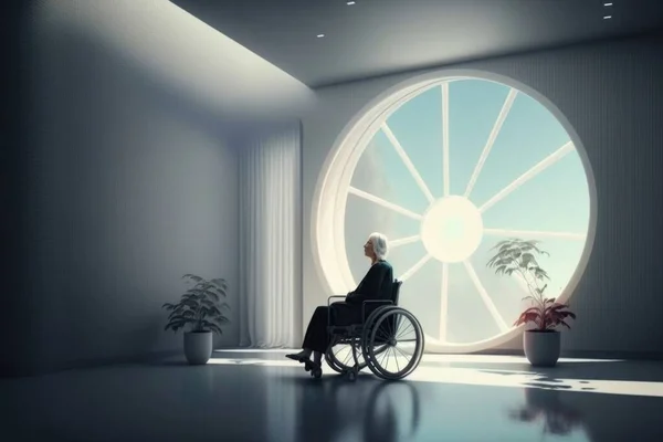 A man in a wheel chair looking out a window at a plant in a pot cinematic photography a 3d render institutional critique
